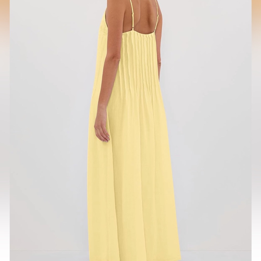 Yellow Cotton Maxi Dress Pleated Bodice V Neck Spaghetti Strap Spring Summer - Picture 4 of 7